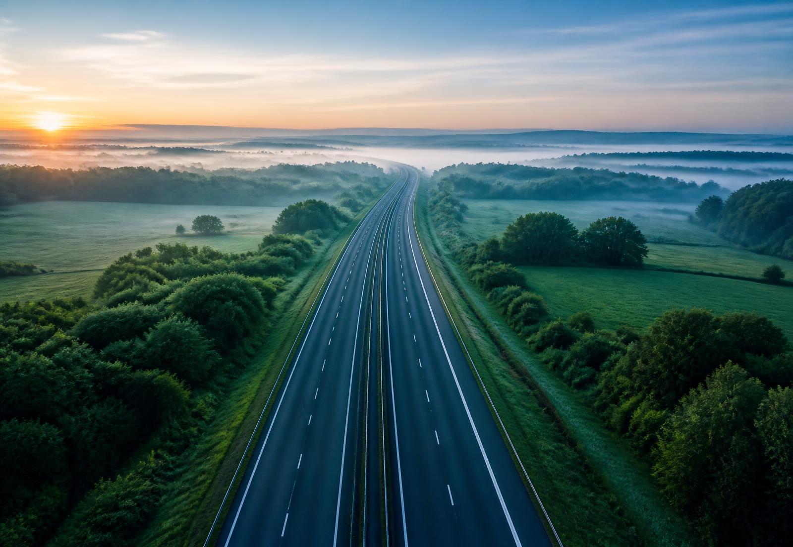 Estrada ao amanhecer com caminhão em movimento